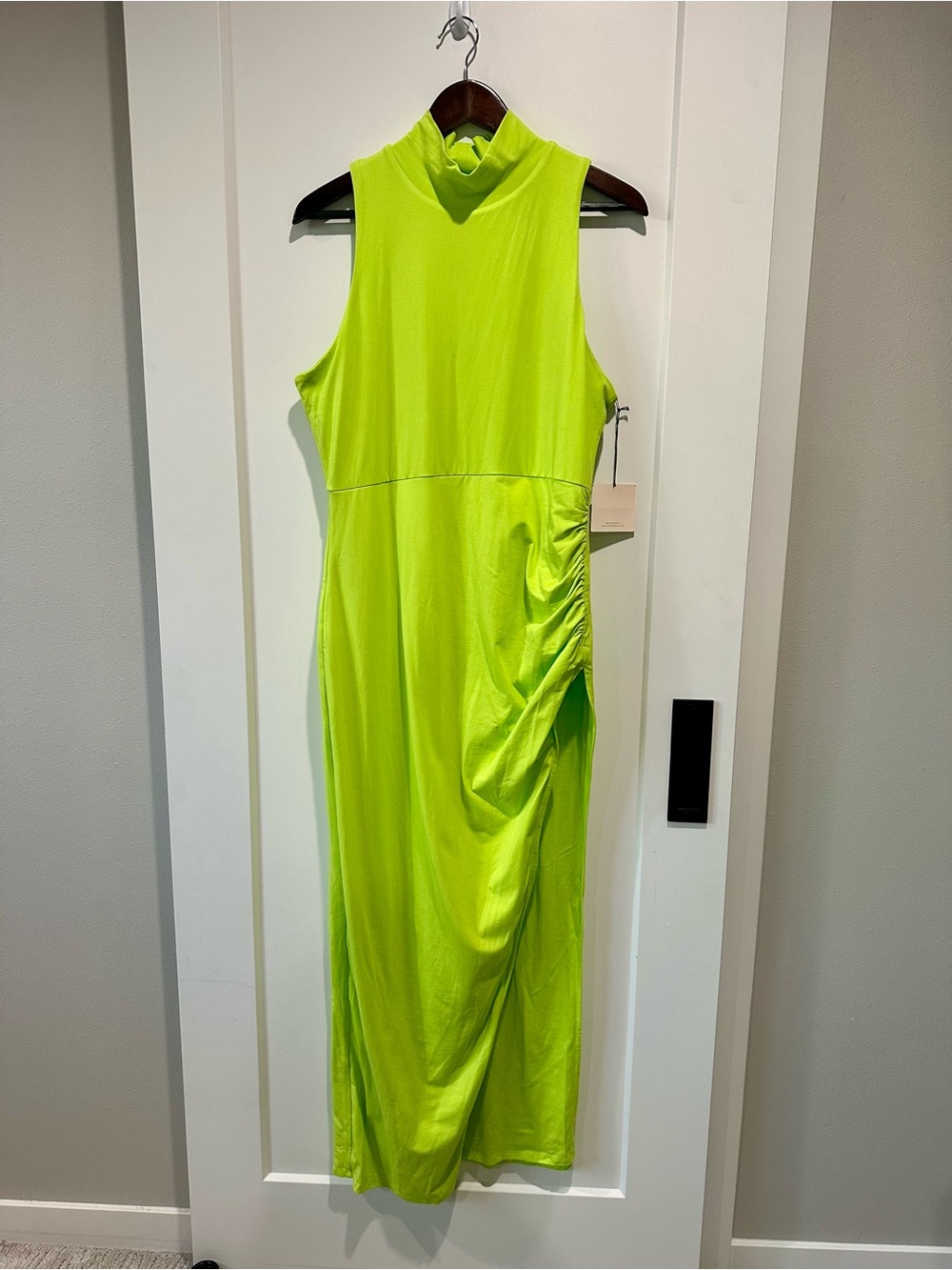 Superdown NWT Lime Green Ruched Slit Maxi Dress XL Mock Neck Sleeveless